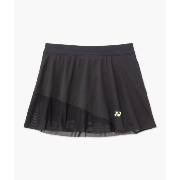 Black athletic skirt with a diagonal sheer mesh overlay and a small Yonex logo at the hem