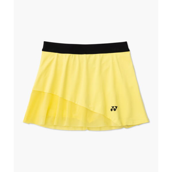 Bright yellow athletic skirt with a black elastic waistband and diagonal layered hem; small black logo on the lower right side.