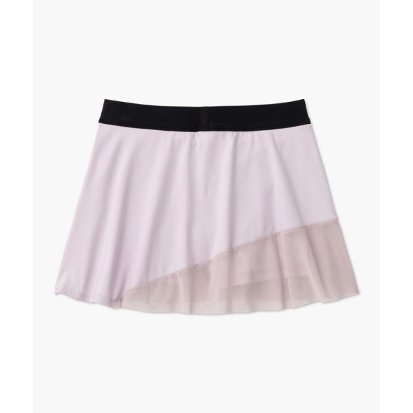 Light pink asymmetrical skirt with a black elastic waistband and sheer overlay at the hem.