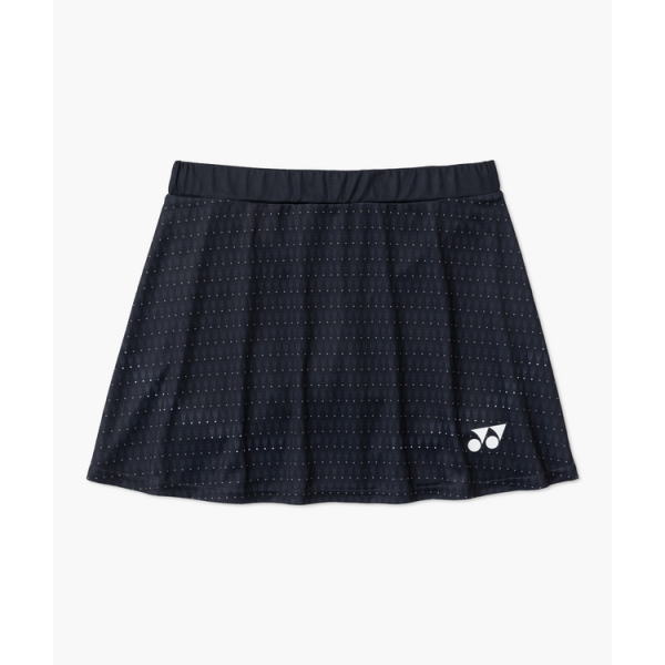 Navy pleated athletic skirt with a subtle dotted pattern and a white brand logo at the lower right hem.