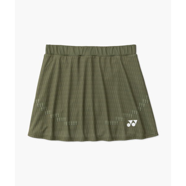 Olive green athletic skirt with an elastic waistband, featuring a subtle perforated chevron pattern and a Yonex logo at the lower right hem.