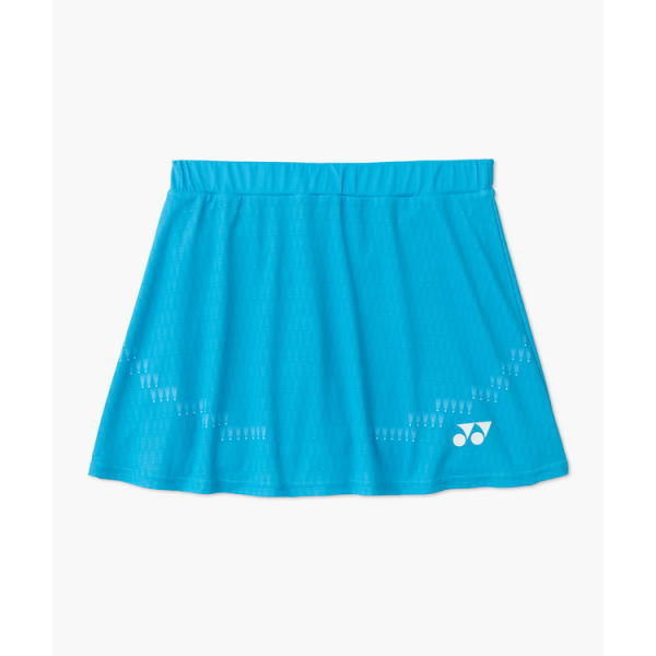 Blue athletic tennis skirt with an elastic waistband and the Yonex logo on the lower right hem area.