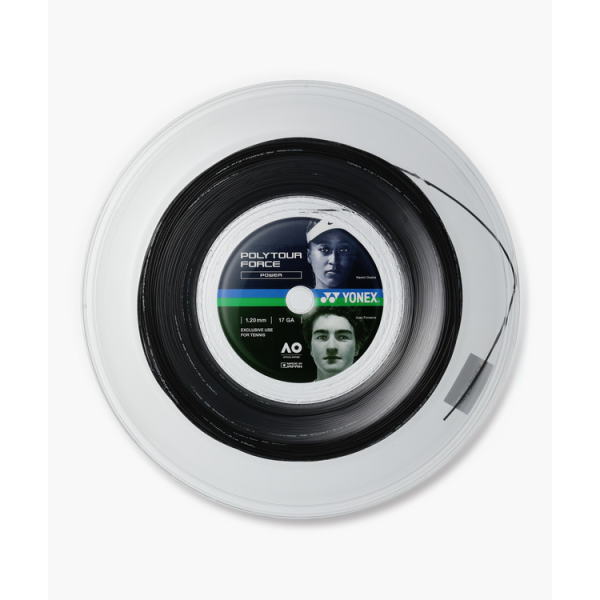 Circular spool of Yonex PolyTour Force tennis string wound around a clear plastic core, set against a white background.