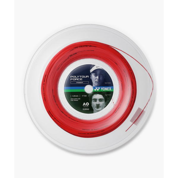 Red Yonex Poly Tour Force tennis string coiled on a clear spool with label visible on the center