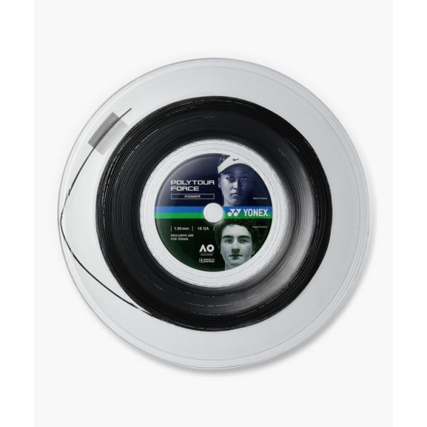 Top-down view of a Yonex Poly Tour Force tennis string spool, black string wound around a white circular reel with a blue/black label at center and the Yonex logo.