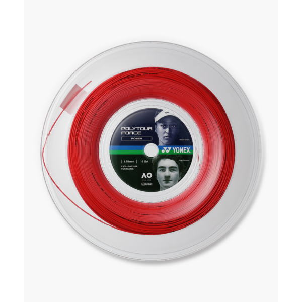 Red Yonex Poly Tour Force tennis string spool wound around a clear plastic reel on a white background