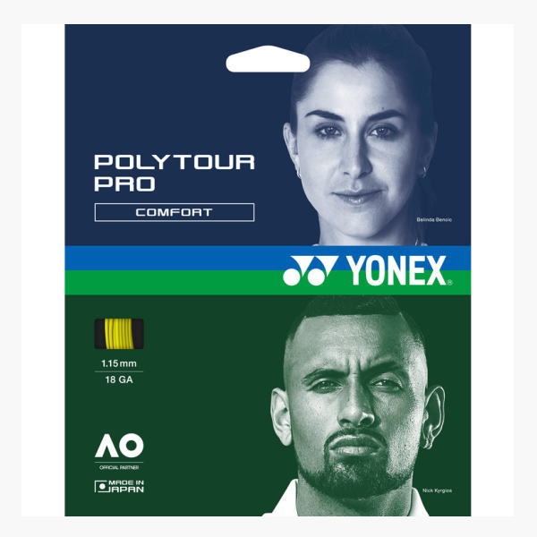 Packaging for Yonex PolyTour Pro Comfort tennis strings, featuring a woman's portrait above and a man's portrait below, with gauge 1.15 mm/18 GA and Yonex branding.