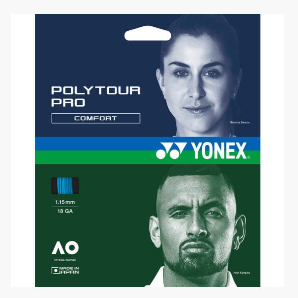 Yonex PolyTour Pro Comfort tennis string packaging with Belinda Bencic (blue) and Nick Kyrgios (green), 1.15 mm (18 GA).