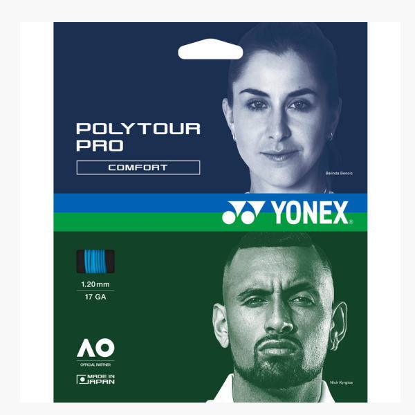 Yonex Polytour Pro Comfort tennis string package with blue top, green bottom, Yonex logo, and two model portraits.