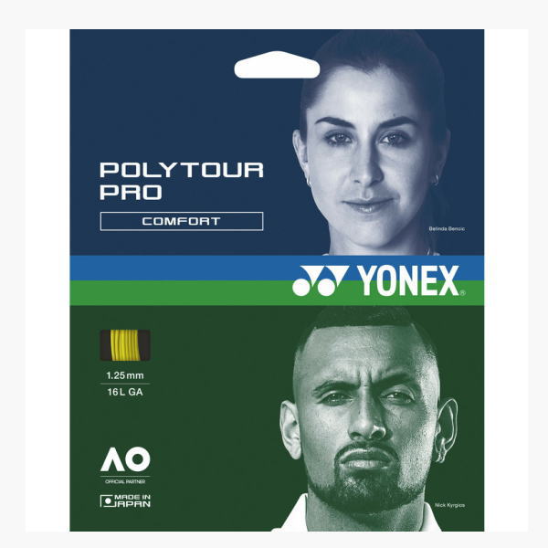 Yonex PolyTour Pro Comfort tennis string packaging with a female portrait at top and a male portrait at bottom; includes Yonex logo and 1.25 mm gauge.