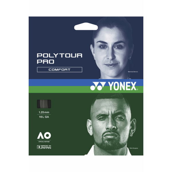 Yonex PolyTour Pro Comfort tennis strings pack with a blue top featuring a female model and a green bottom with a male model; text shows 1.25 mm gauge (16L GA).