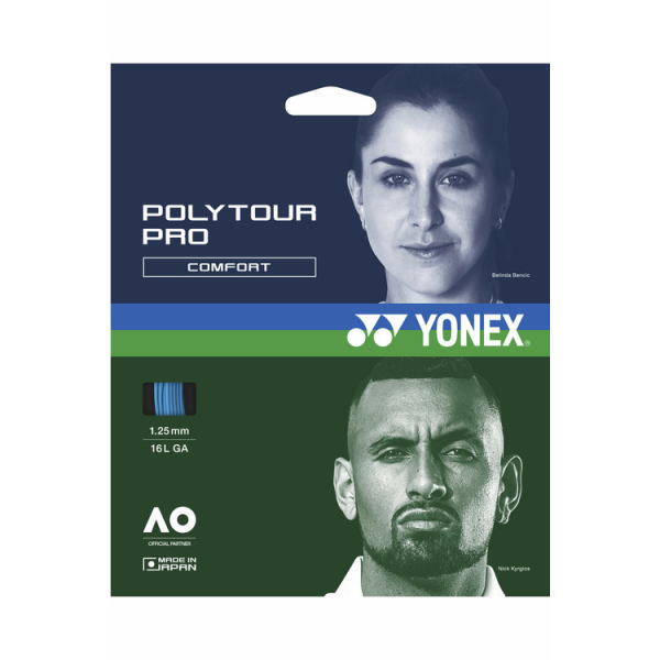 Product packaging for Yonex PolyTour Pro Comfort tennis strings, showing blue-green design and brand logos (Yonex) and gauge 1.25mm, 16L GA, Made in Japan.