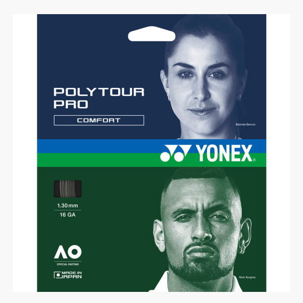 Yonex PolyTour Pro Comfort tennis string packaging with Belinda Bencic (top) and Nick Kyrgios (bottom) against blue/green panels, gauge 1.30 mm (16 GA)