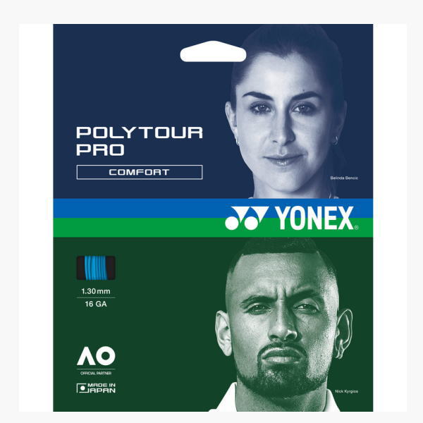 Packaging for Yonex PolyTour Pro Comfort tennis strings, featuring a blue upper panel with a woman's portrait, a blue-green Yonex band, and a green lower panel with a male portrait; shows a small spool icon and text reading "1.30 mm 16 GA" and official partner marks.