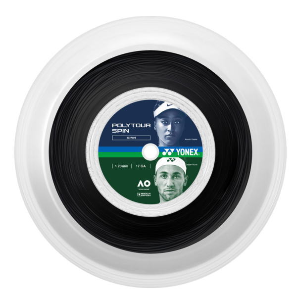 Tennis string reel labeled Yonex Poly Tour Spin, black outer spool with a white rim on a white background