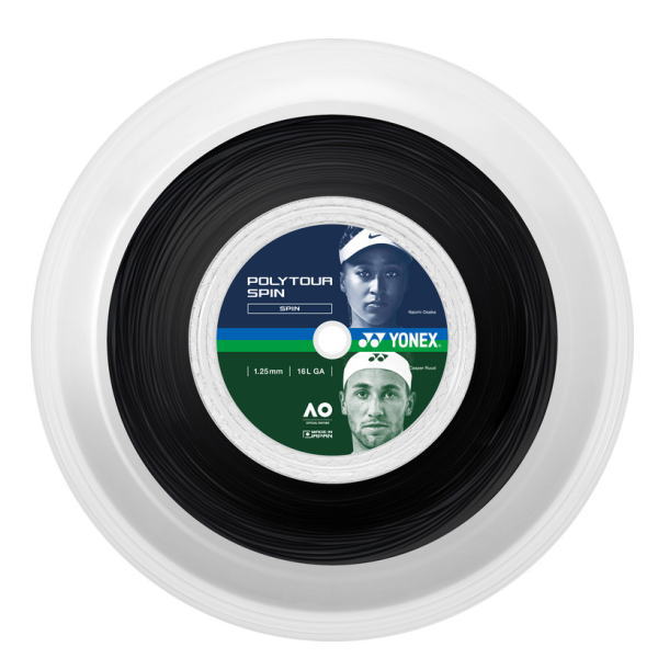 Circular Yonex PolyTour Spin tennis string spool with blue and green label and player images in the center