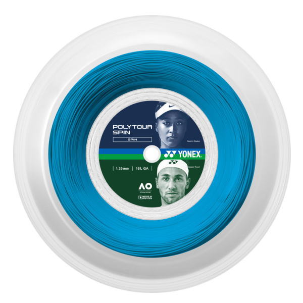 Spool of Yonex Poly Tour Spin blue tennis string with product label visible on the spool