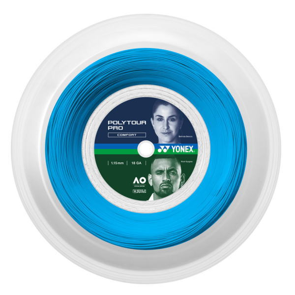 Blue Yonex Poly Tour Pro Comfort tennis strings on a white reel, close-up view.
