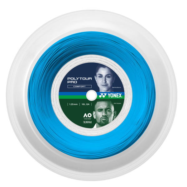 Spool of Yonex PolyTour Pro Comfort badminton string in blue, viewed from above on a white background.