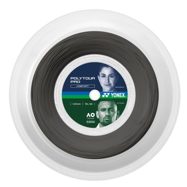 Spool of Yonex PolyTour Pro tennis string, black winding on a clear reel with blue/green label.