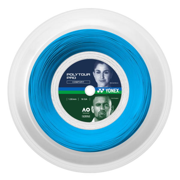 Blue Yonex Poly Tour Pro tennis string spool with a white outer rim and packaging label showing players' faces on blue and green background, ready for stringing