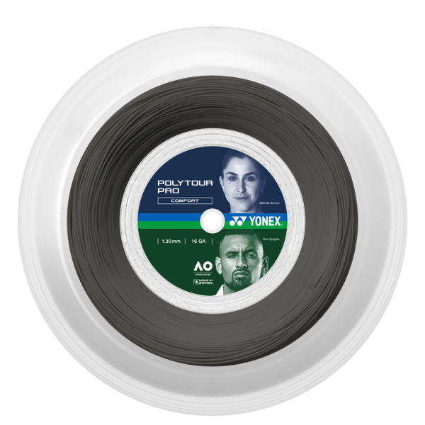 Circular spool of dark tennis string labeled Yonex PolyTour Pro on a white background.