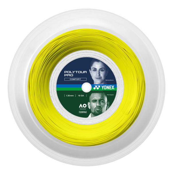 Yellow Yonex Poly Tour Pro tennis string spool with label and faces on the packaging, shown in a clear plastic reel.