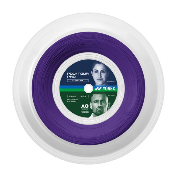 Purple Yonex PolyTour Pro tennis string spool with blue-green label and player portraits.