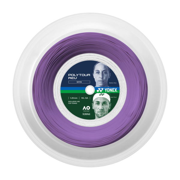 Purple Yonex Poly Tour tennis string spool on a white background, label showing Yonex branding and player images (informational product photo).