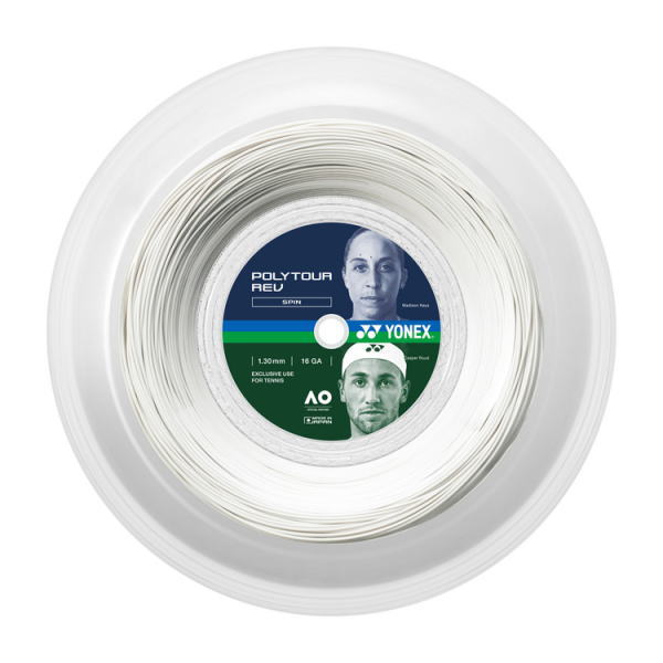 Coiled Yonex Poly Tour Rev tennis string on a white spool, ready for restringing a racquet.