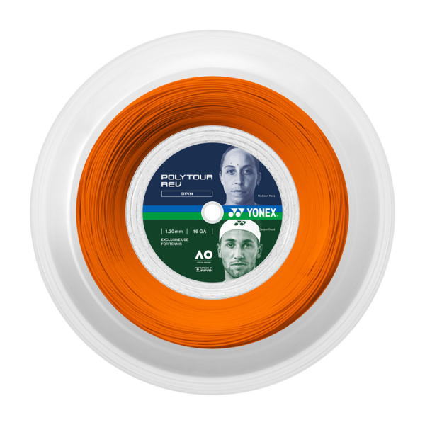 Orange Yonex Poly Tour Rev tennis string spool viewed head-on, with blue-green label at center showing product info and images of players.