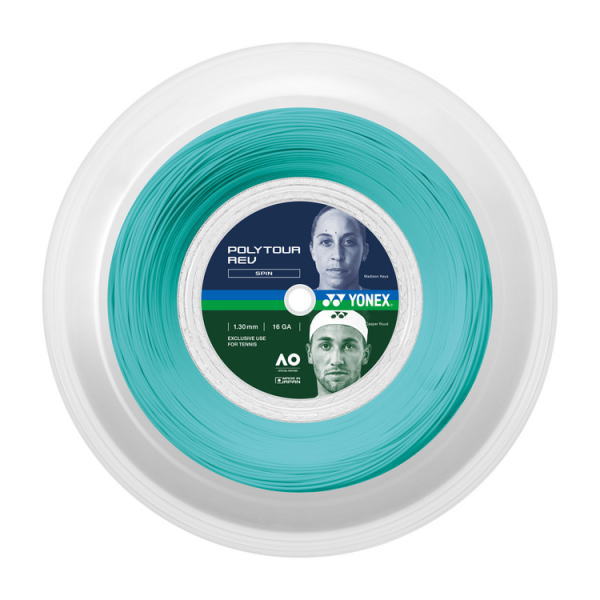 Turquoise Yonex Poly Tour racquet string spool (1.30 mm) with the brand label and coiled string visible.