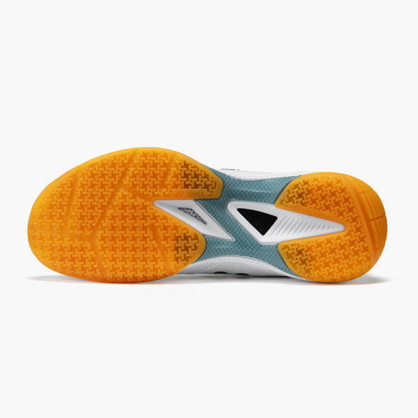 Bottom view of a running shoe showing an orange outsole and teal midsole with textured tread patterns.