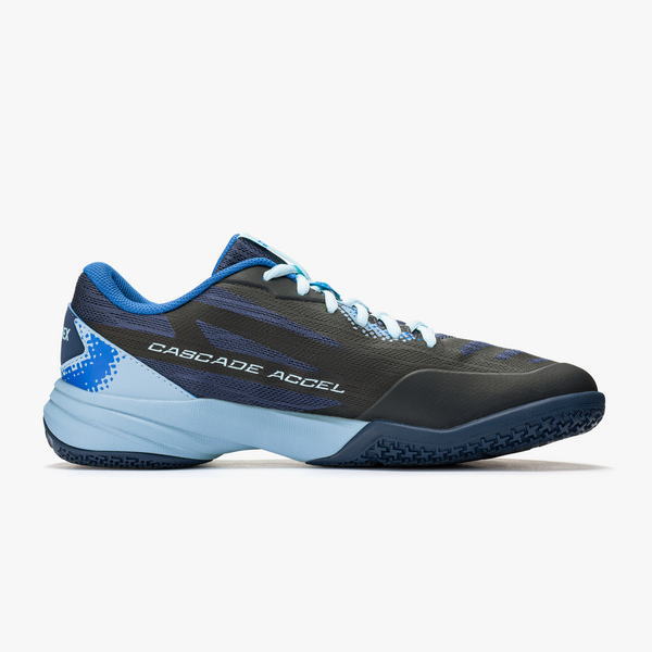 Side view of a black and blue Cascade ACCEL running shoe with a light blue midsole and matching laces
