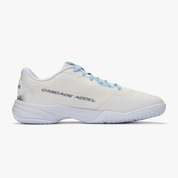 White athletic training shoe with light blue laces and a textured white sole, side reads 'Cascade Accel'