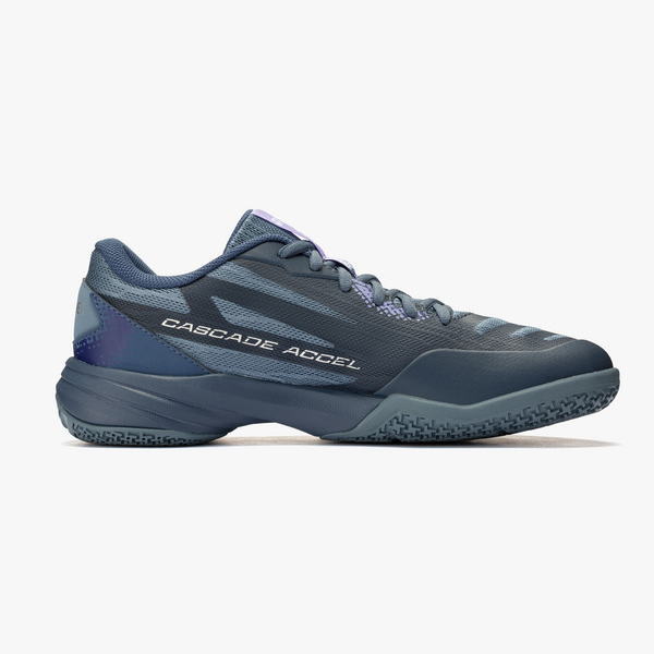 Dark blue running shoe with purple laces and a gray sole, Cascade Accel logo along the side.
