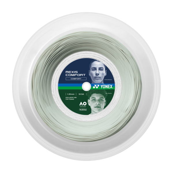 Coiled Yonex Rexis Comfort tennis string on a white spool with blue-green label visible