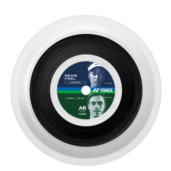 Circular black vinyl record set in a white outer ring, showing a Yonex Rexis Feel label on the center.