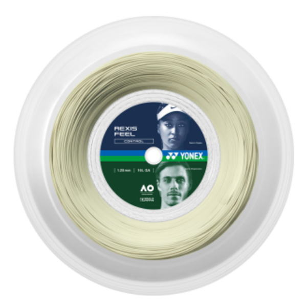 Spool of Yonex Nexis Feel tennis string in clear packaging with blue and green label showing player images and Yonex logo.