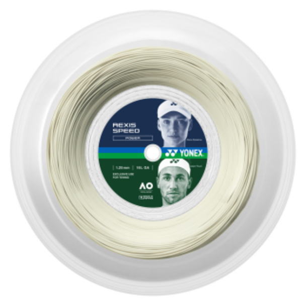 Tennis string spool labeled Yonex Rexis Speed, shown as a wound string on a clear reel with blue/green label imagery at center.
