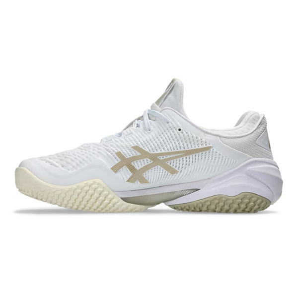 White athletic sneaker with a light tan side logo, knit mesh upper, and beige outsole and midsole details.