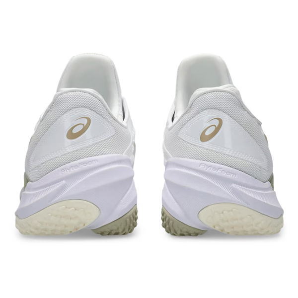 Back view of two white Asics running shoes with mesh upper and light‑cream outsole