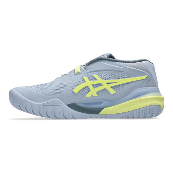 Light blue running shoe with a lime-yellow side logo and matching yellow heel accent on a white background.