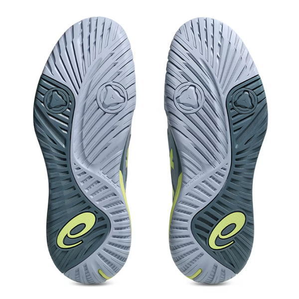 Pair of gray and black running shoes shown from the bottom, highlighting patterned tread soles with lime green accents on each heel.