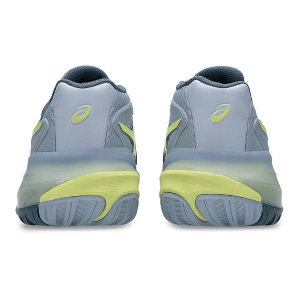 Rear view of light gray and blue athletic sneakers with neon yellow accents on the heel and sole.