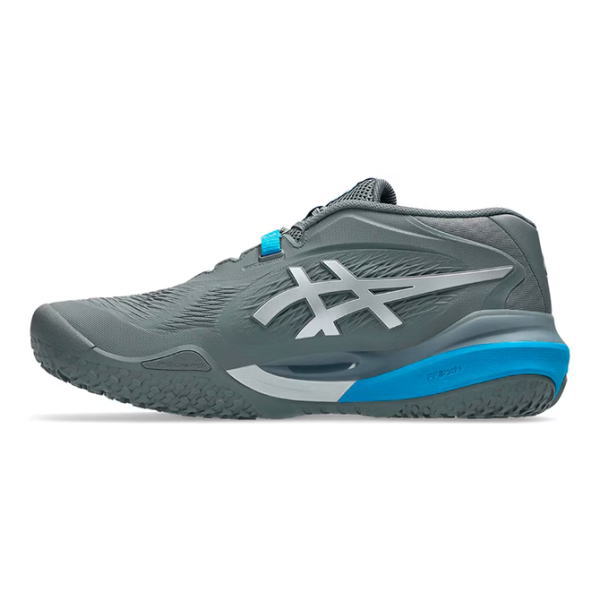 Gray running shoe with a blue heel accent and light gray logo on the side (ASICS-style performance sneaker).