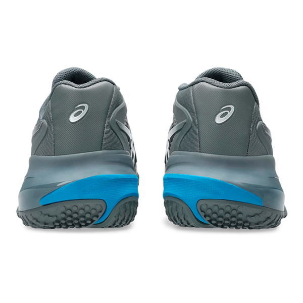 Back view of two gray running shoes with blue heel accents and textured outsoles, shown from the rear edge-to-edge