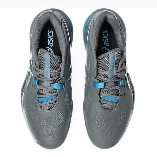 Top view of gray ASICS running shoes with blue accents