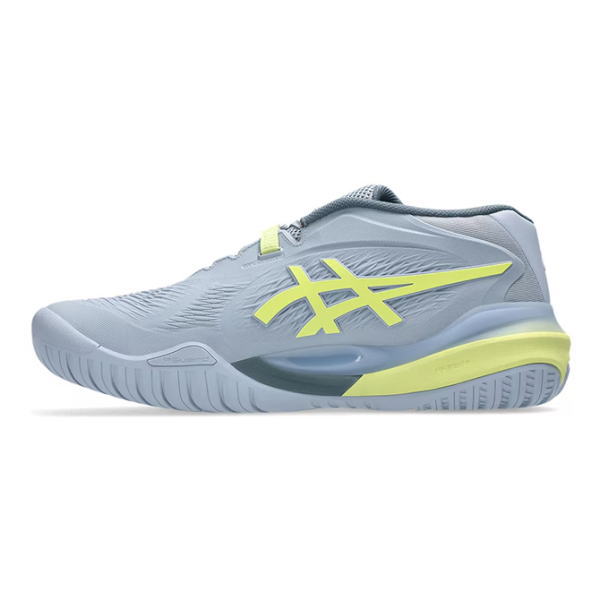 Light blue running shoe with neon yellow accents and a curved outsole profile, side view