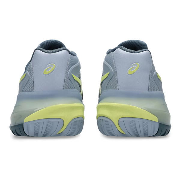 Rear view of light gray athletic shoes with neon yellow midsoles and ASICS logo on the heels, pair shown